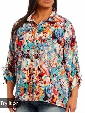 John Mark Abstract Embroidered Button Down Blouse 1X Ruched Sleeve